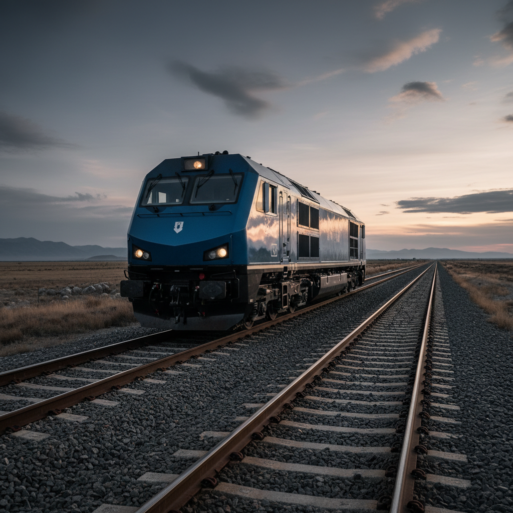 Modern blue EMD JT42CWRM diesel locomotive on straight track, sleek body, low-key lighting