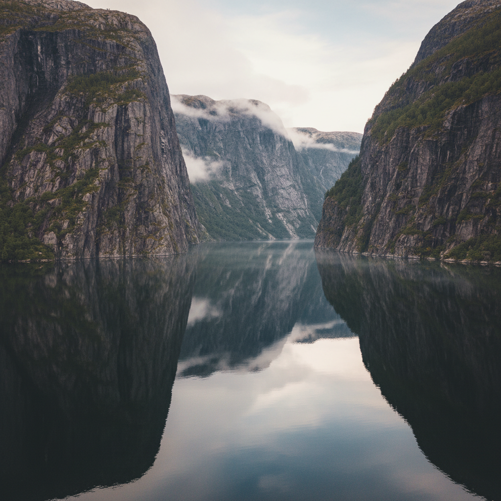 Norwegian fjord with steep granite cliffs reflecting in still dark water, aerial view