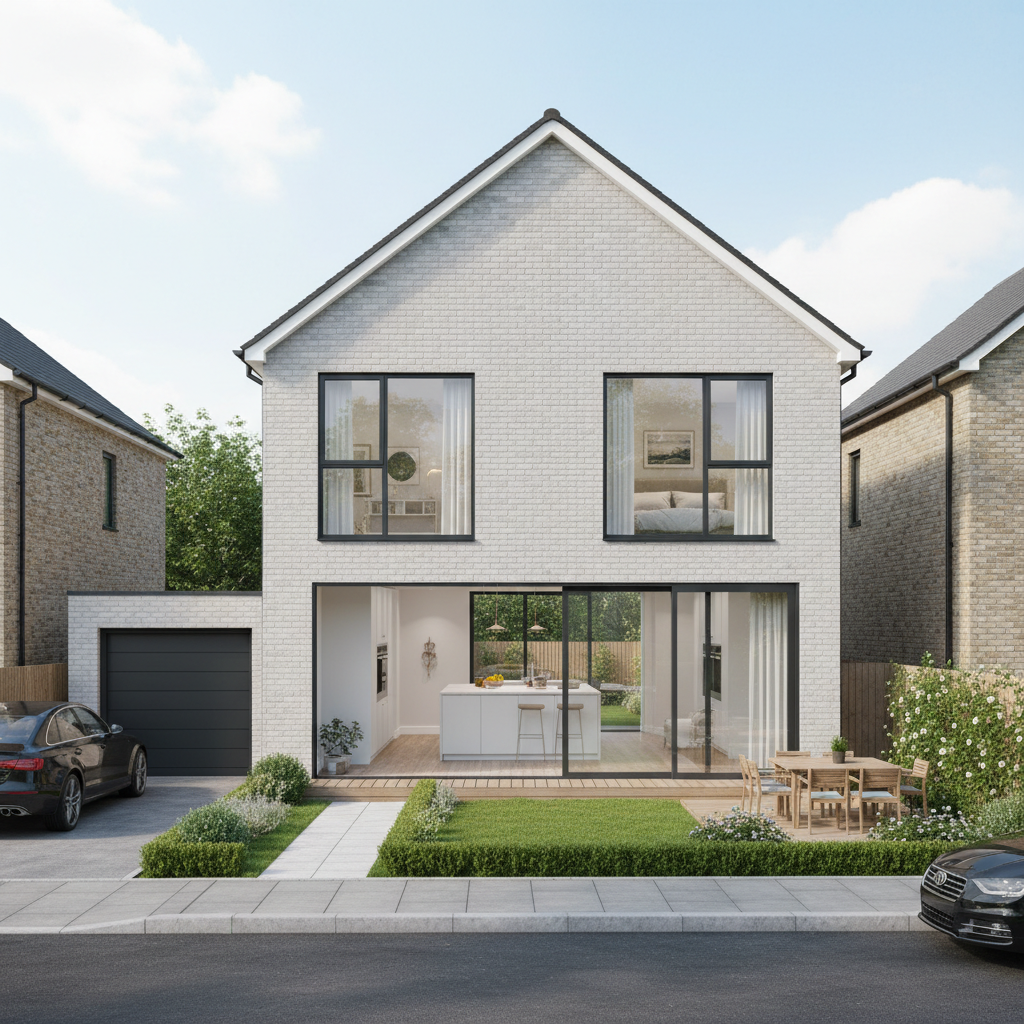 Modern two-story brick house with white trim and manicured front lawn