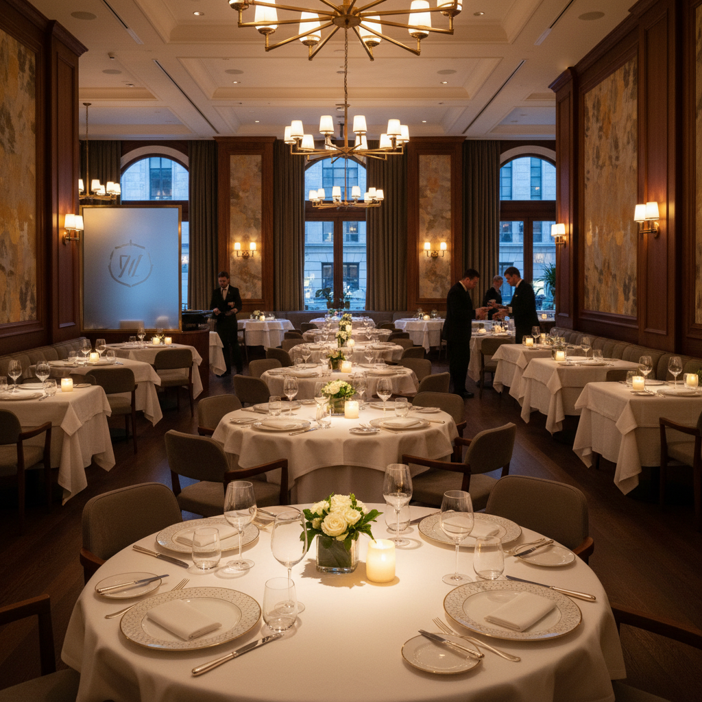 Impeccably dressed hospitality professional preparing an elegant table service