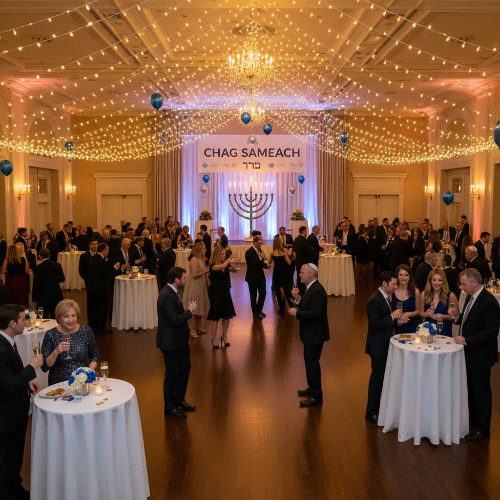 Elegant reception space with string lights, cocktail tables, and guests mingling at a Hanukkah event