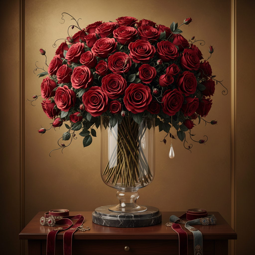 Fifty deep red velvet roses in a structured dome luxury arrangement