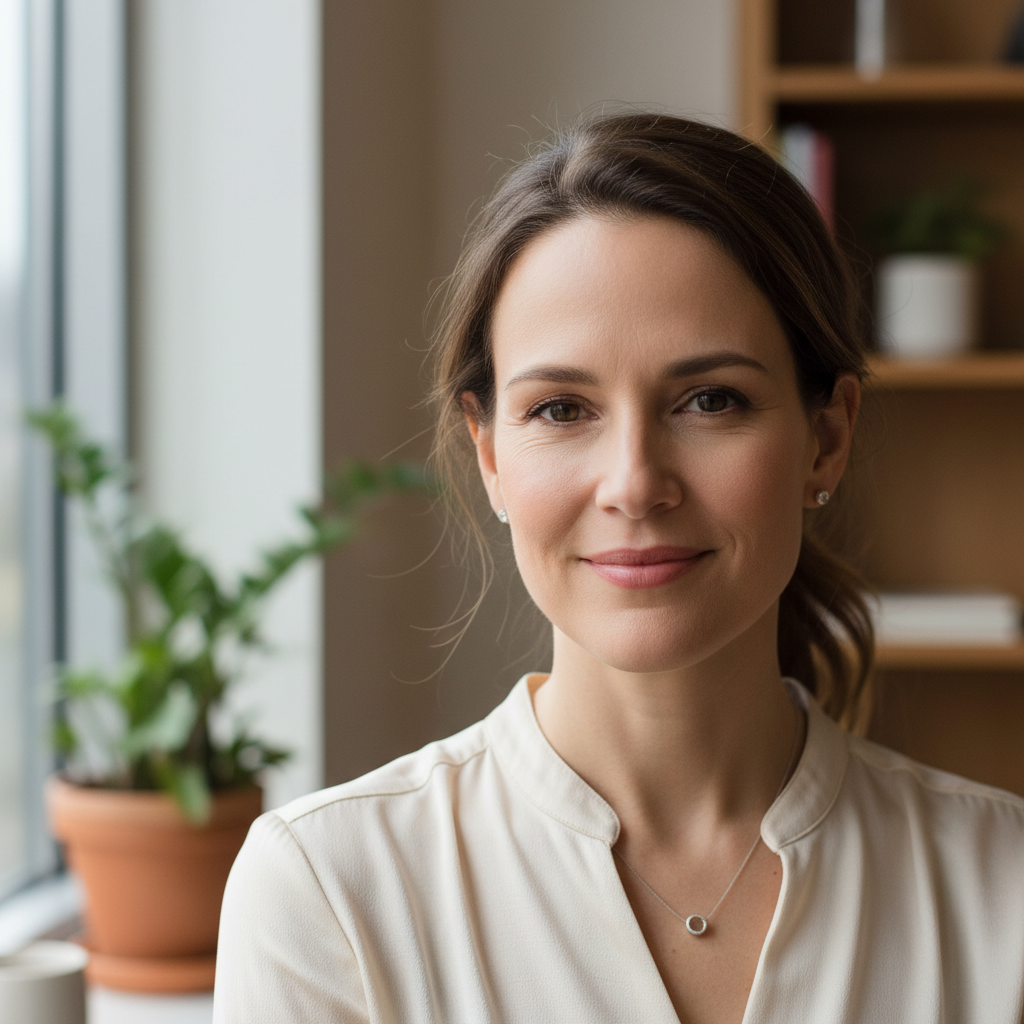 Professional woman smiling slightly, blouse, minimal jewelry