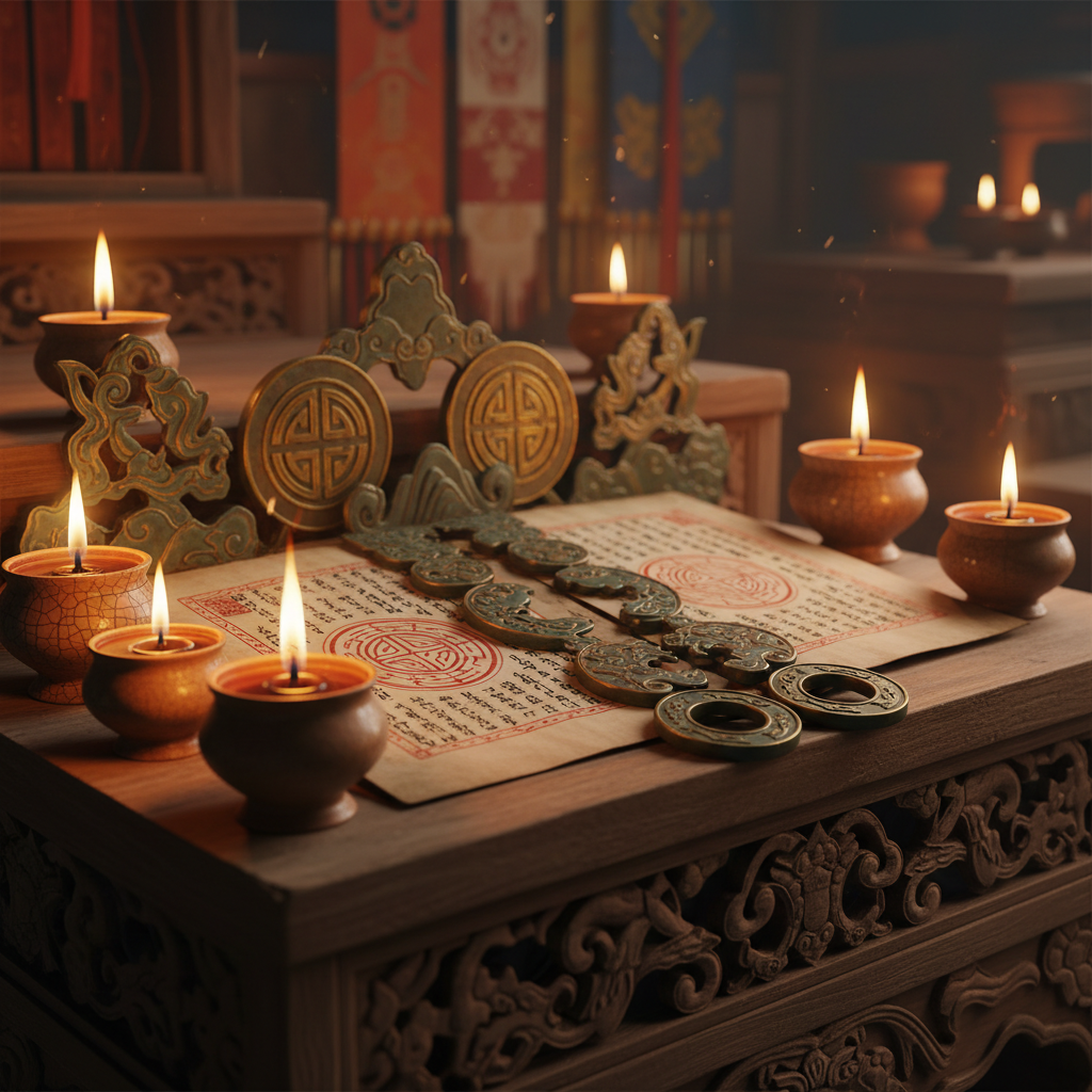 Ancient Albanian manuscripts and old books on wooden table, dim candlelight, dark scholarly atmosphere