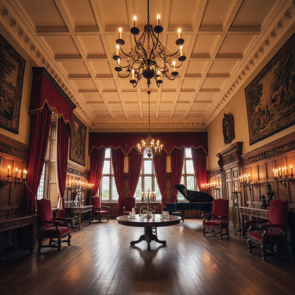 Classic manor interior with high ceilings, rich drapery, and antique furnishings in low-key candlelit ambiance