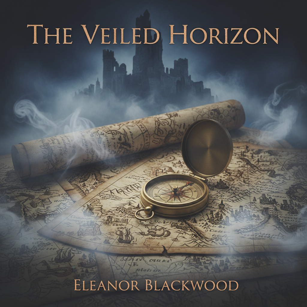 Dark atmospheric book cover with compass and fog over ancient maps