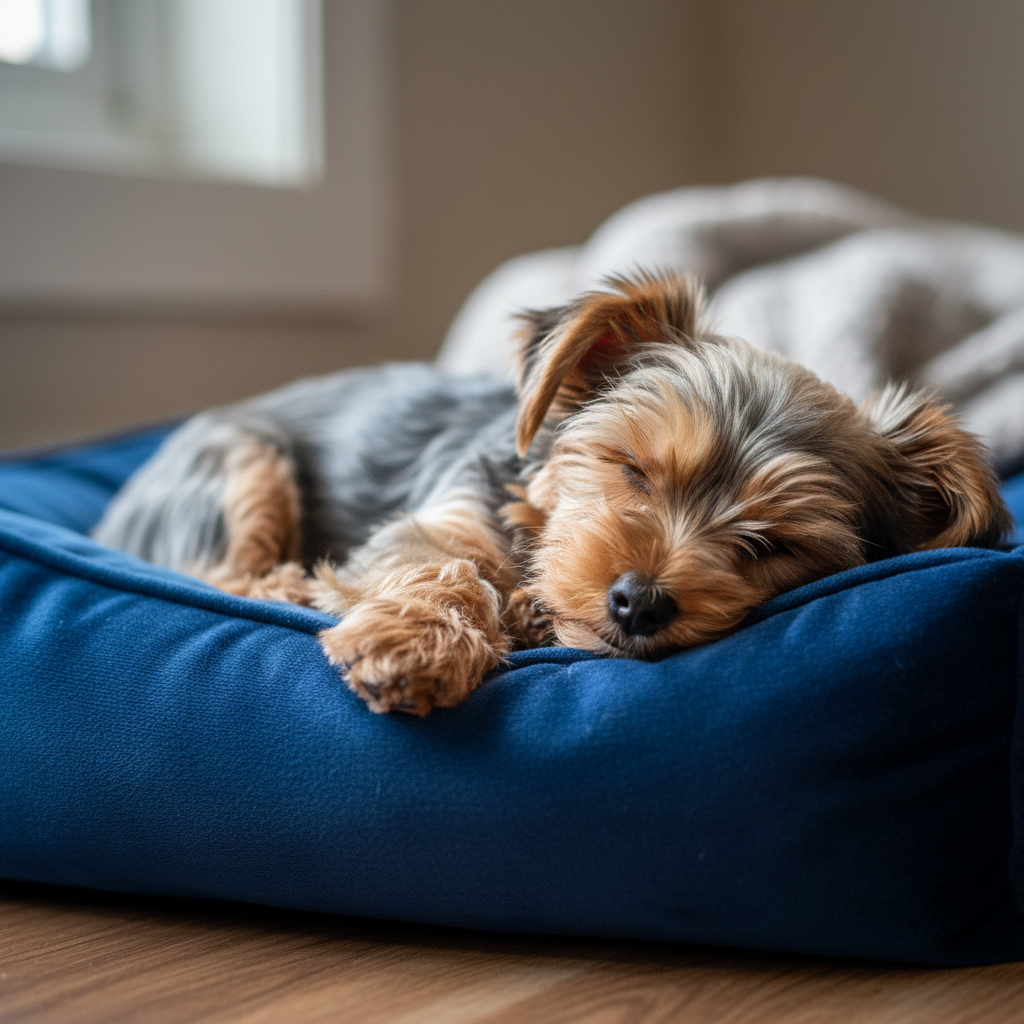 Close-up of sleeping Yorkie tucked into a velvet dog bed with a tiny paw outstretched