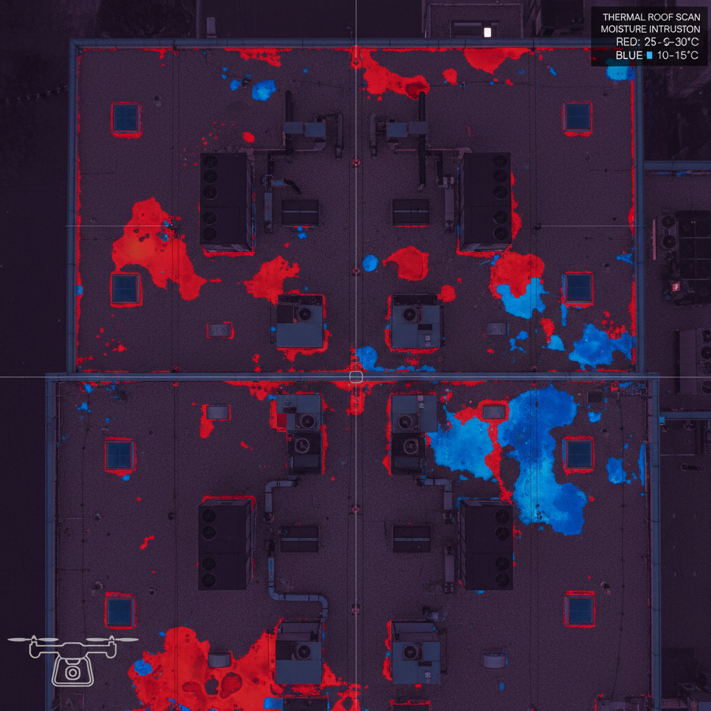 Thermal imaging scan of commercial flat roof showing heat signature anomalies in orange and red indicating moisture trapped beneath membrane