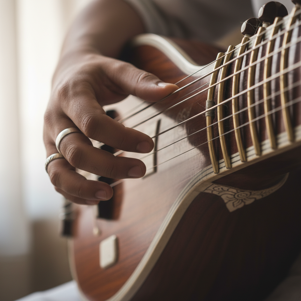 Close-up of veena strings being played by a classical Indian musician