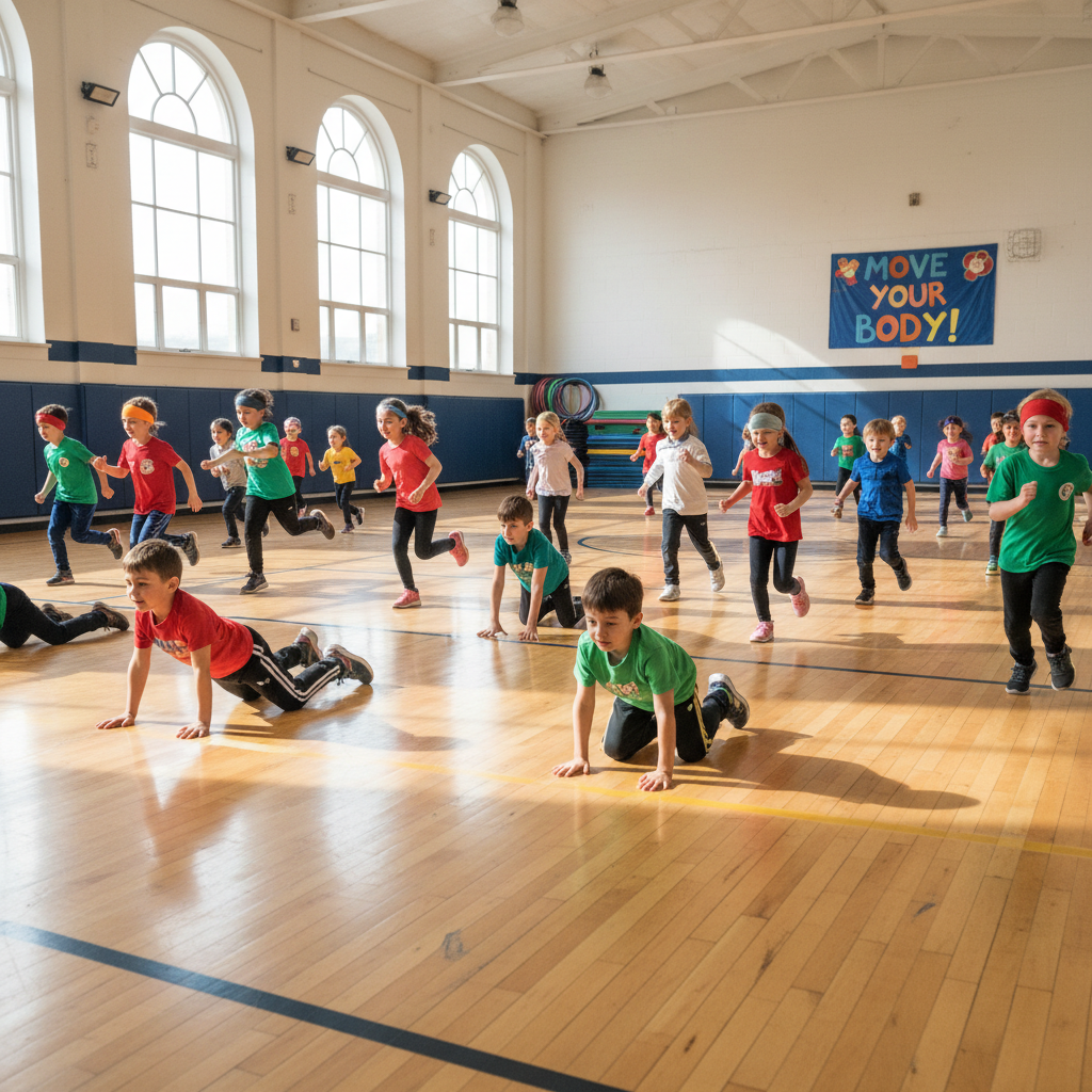 Young students practicing locomotor movement patterns in a school gym
