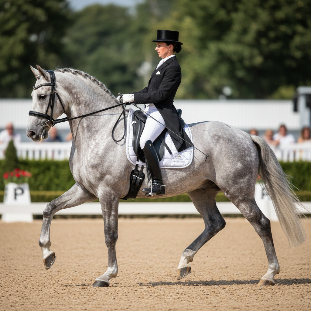 Grey Hanoverian dressage horse performing collected trot, well-muscled and gleaming