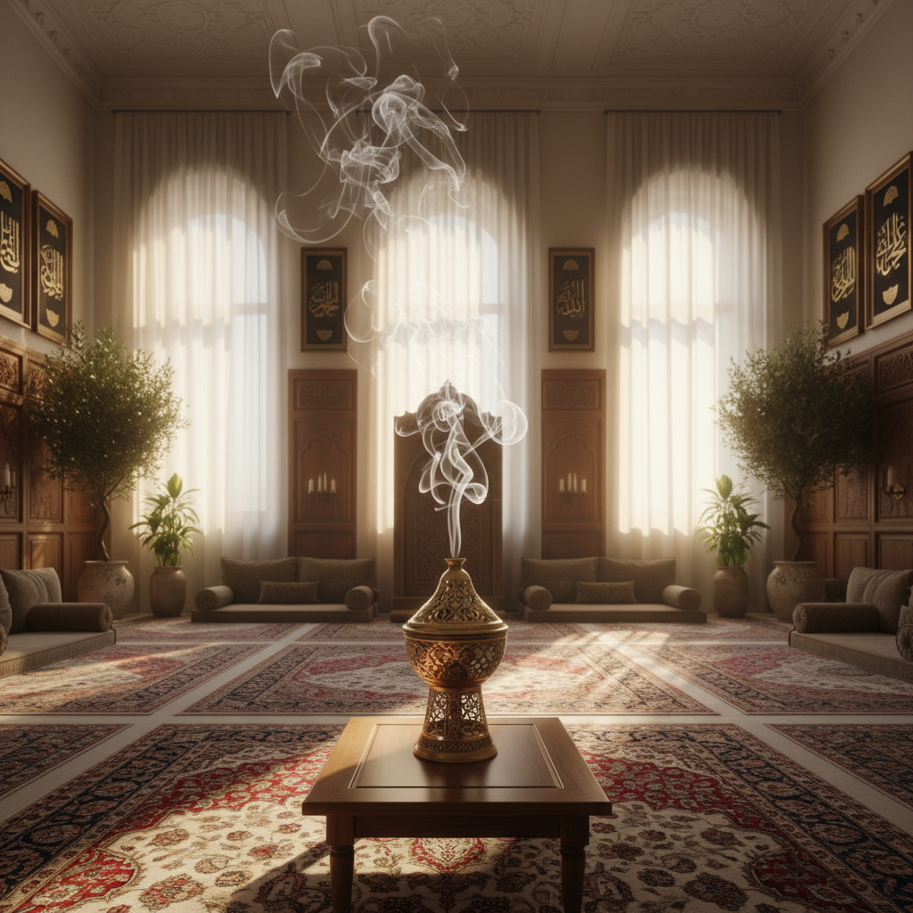 Peaceful prayer room with soft lighting and mabkhara incense burner creating serene atmosphere