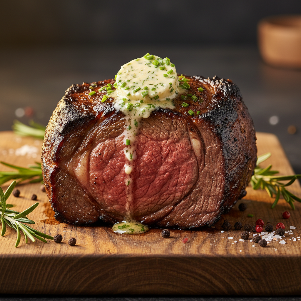 Perfectly seared dry-aged beef entrecote with bone marrow sauce on dark slate, dramatic shadows, fine dining