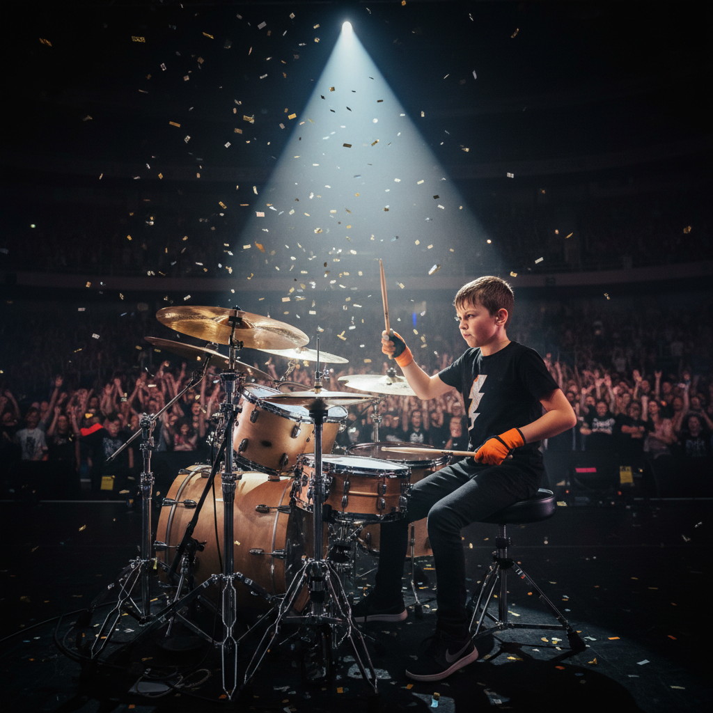 Preteen drummer performing a solo on stage, spotlight above, audience visible