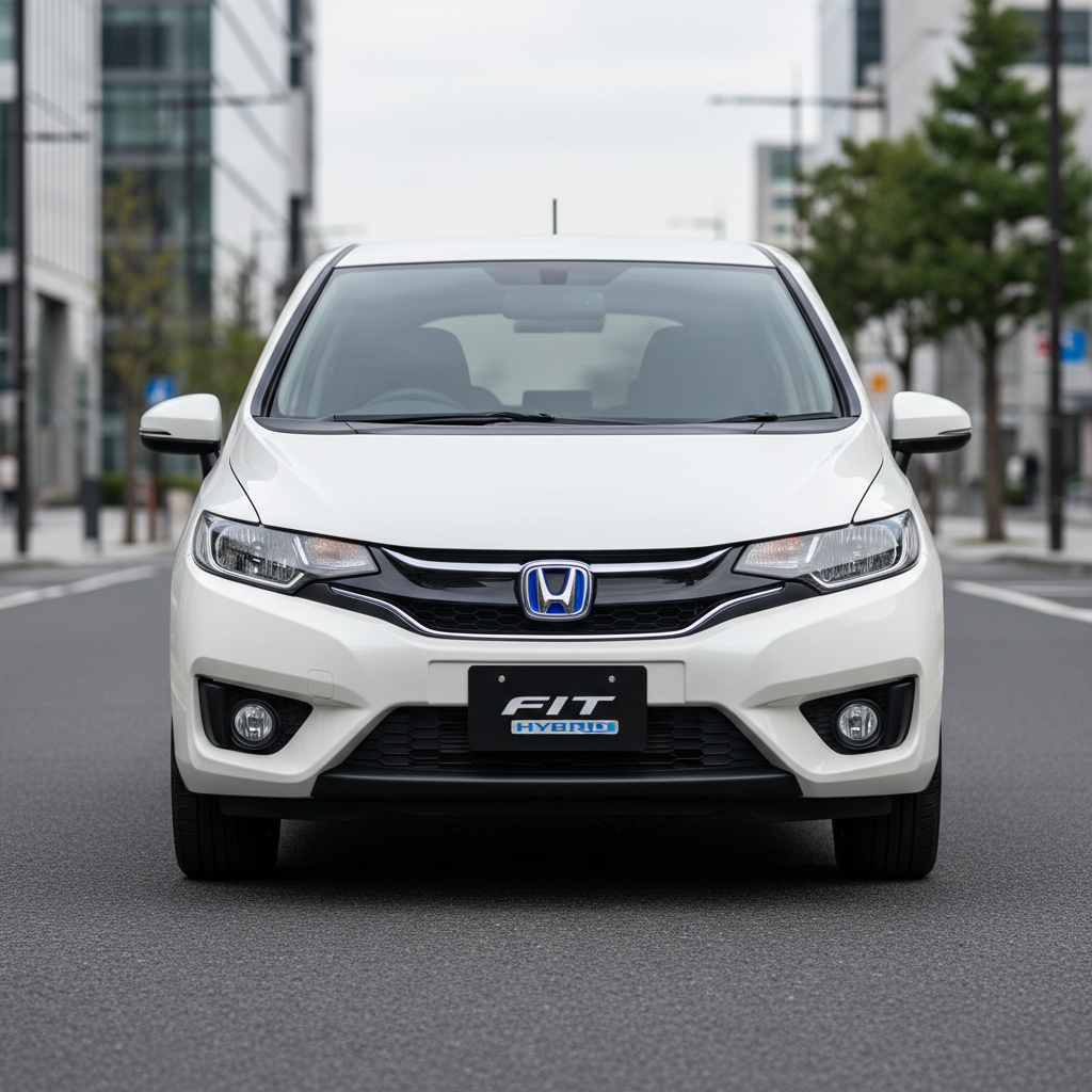 White Honda Fit compact car in bright outdoor parking lot, clean and well-maintained