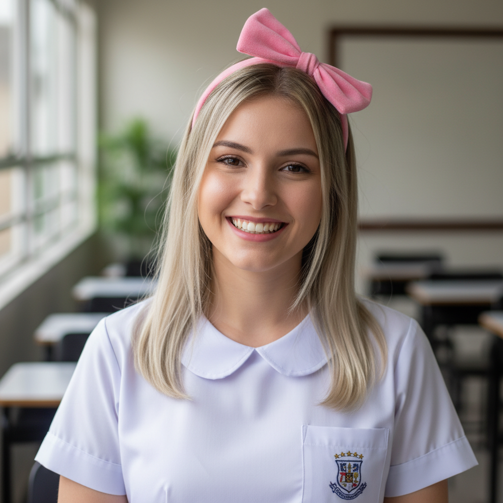 Cheerful teacher with blonde hair smiling