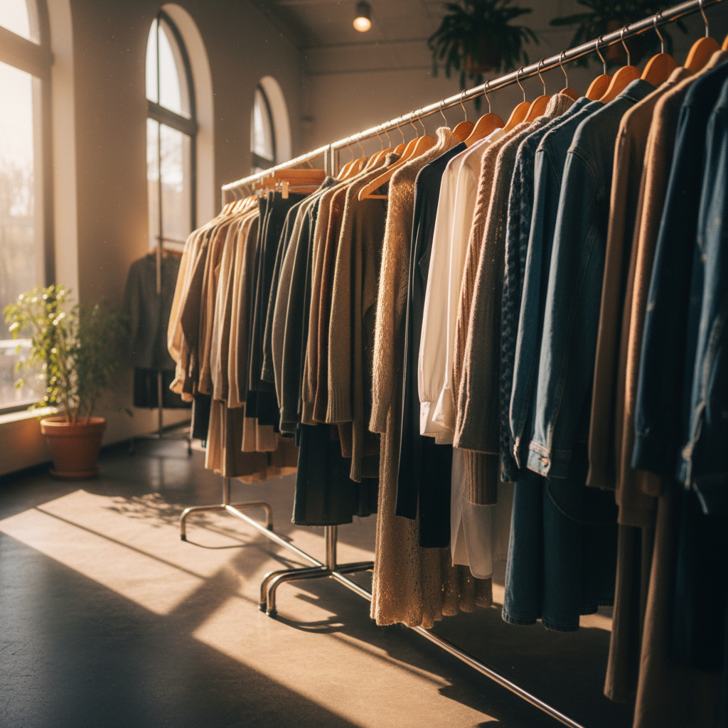 Retail clothing rack with afternoon light casting shadows across garments