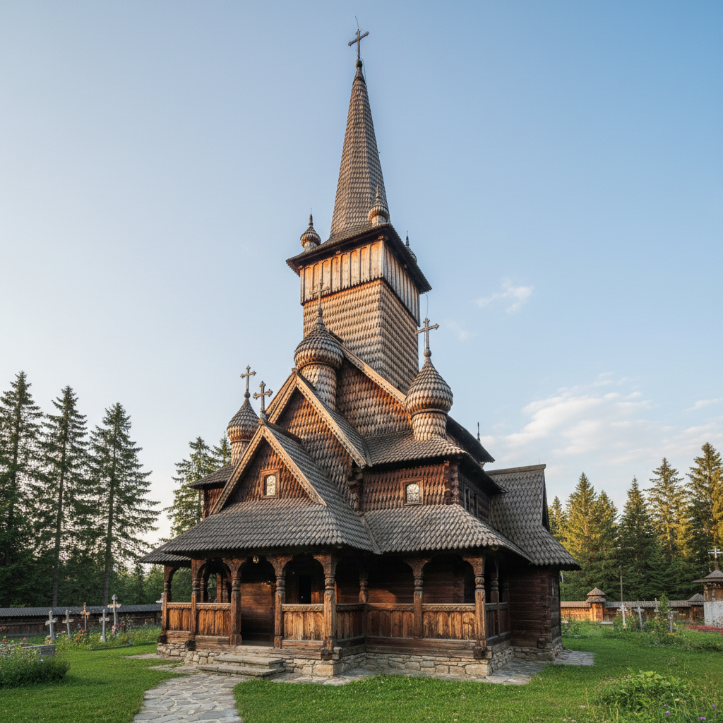 Maramures wooden church with tall spire in traditional village setting