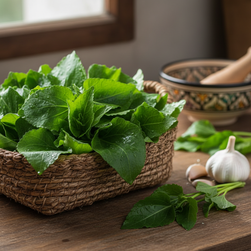 Fresh green molokhia leaves in a bowl, vibrant green color, natural light, food photography