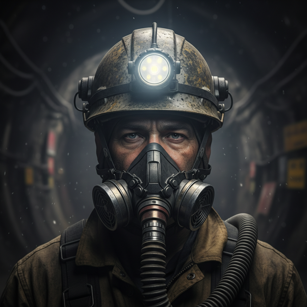 Underground mine tunnel with workers wearing safety equipment, showing the scale of mining operations and the critical importance of ventilation systems