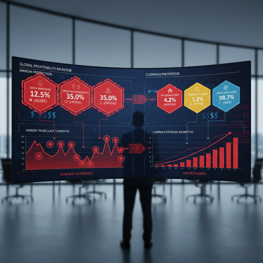 Data analytics dashboard with fraud monitoring graphs, dark blue interface, glowing red alert indicators, cybersecurity monitoring environment