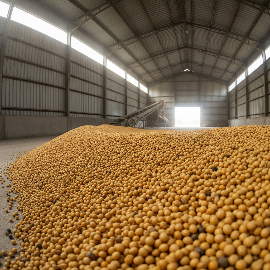 Pile of golden soybeans in agricultural storage facility