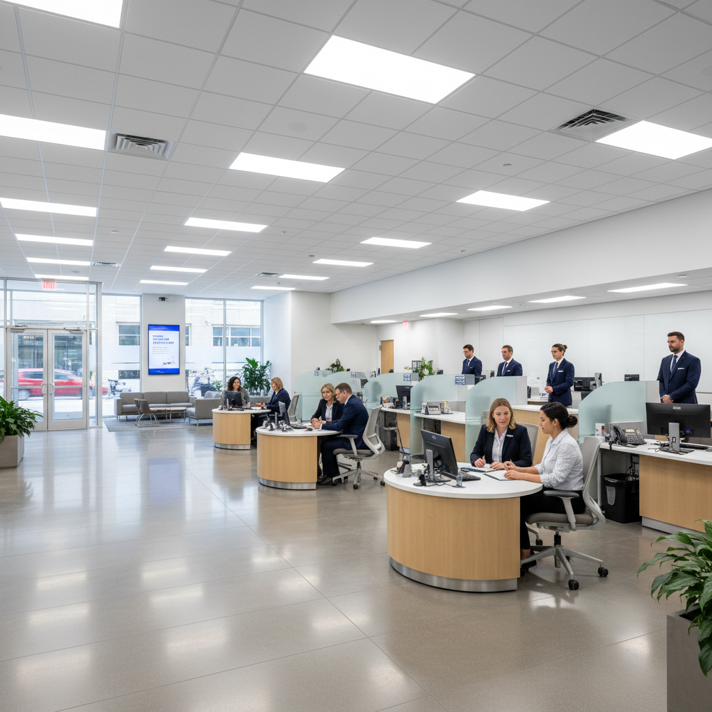 Modern bank interior with professional staff and bright, open financial services environment