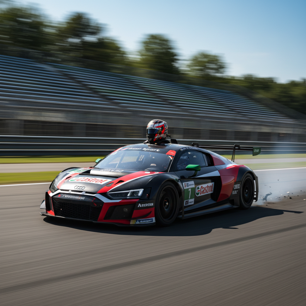 Audi on circuit track day with helmet visible inside, motion blur on background suggesting speed