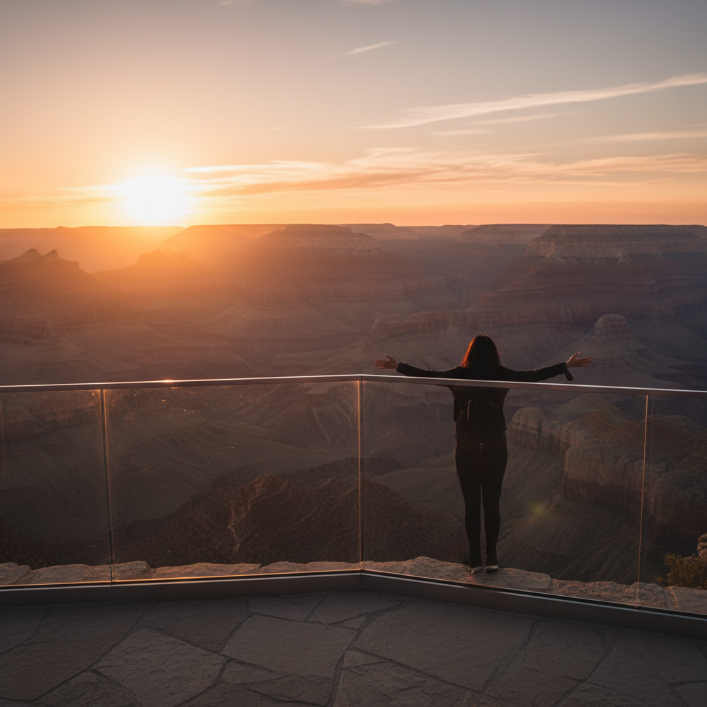 Silhouetted visitor standing at glass railing of Summit observation deck, arms slightly open, vast canyon landscape stretching into orange and violet haze two hundred miles to the horizon