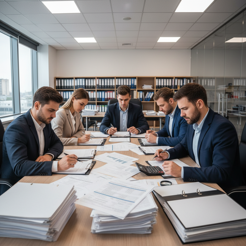 Financial audit papers on conference table