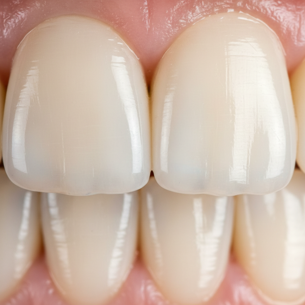 Close up of polished porcelain veneer edge blending with natural tooth enamel