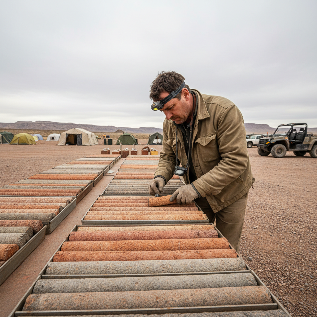 Mineral rock core samples from geological exploration drilling, dark earthy mineral tones, precision scientific assessment environment