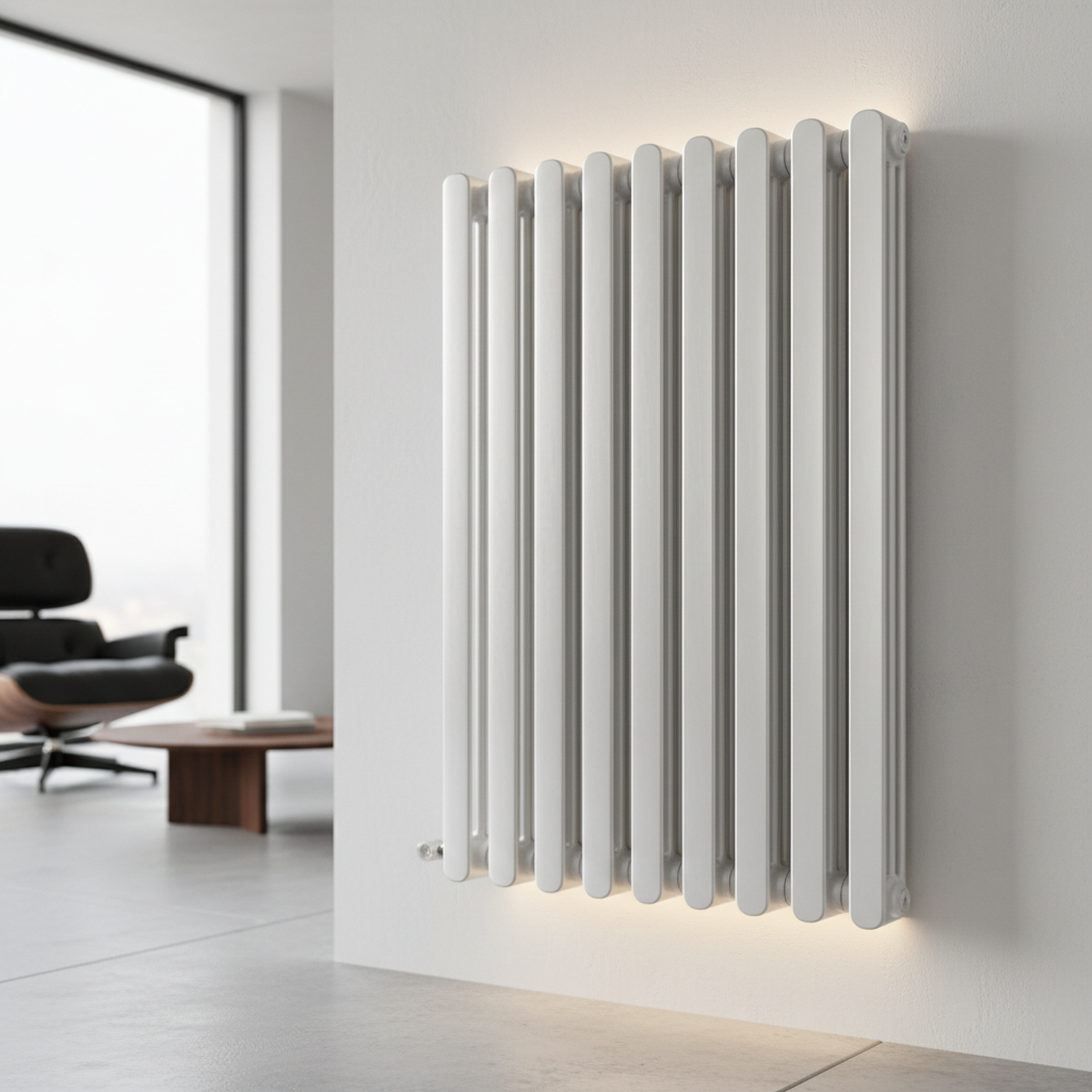 Premium Italian aluminum radiator mounted on white wall in modern interior