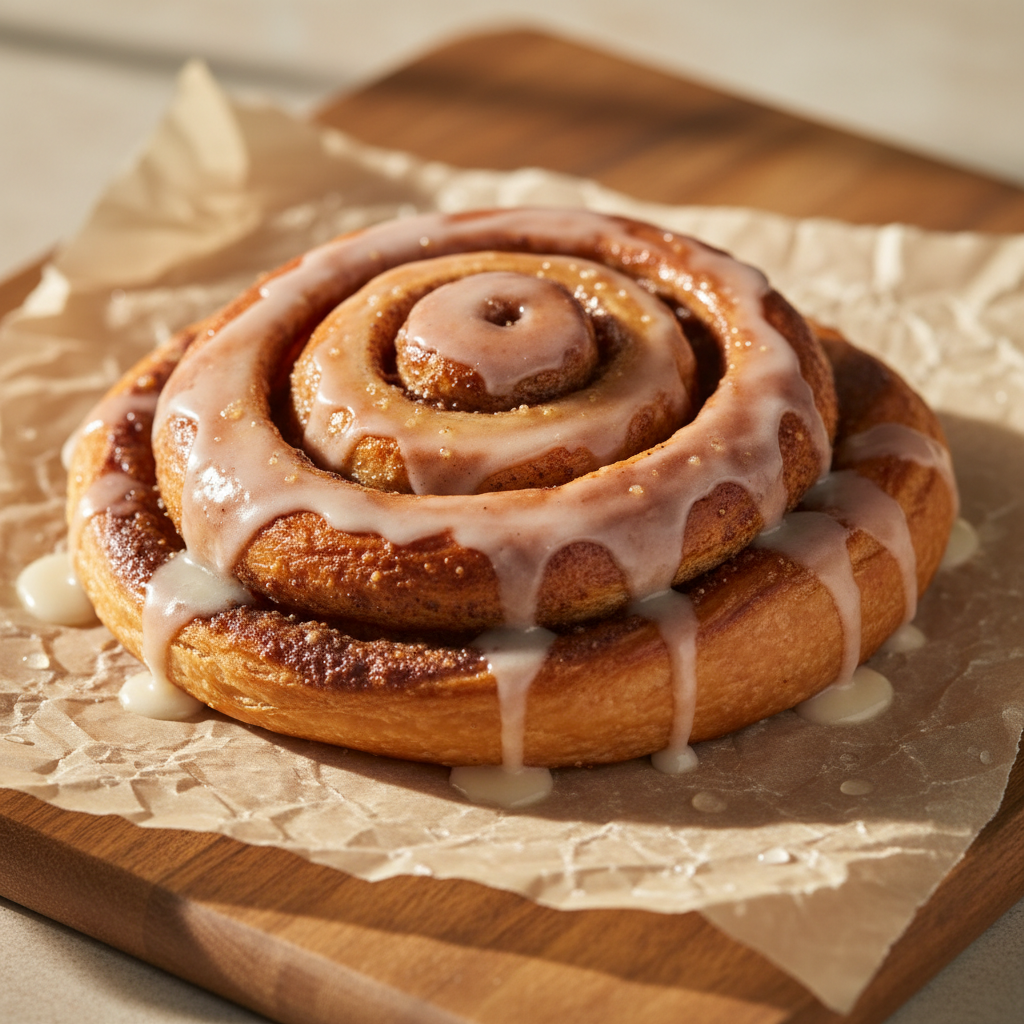Fresh cinnamon roll with cream cheese glaze on parchment, caramel brown swirls, warm light