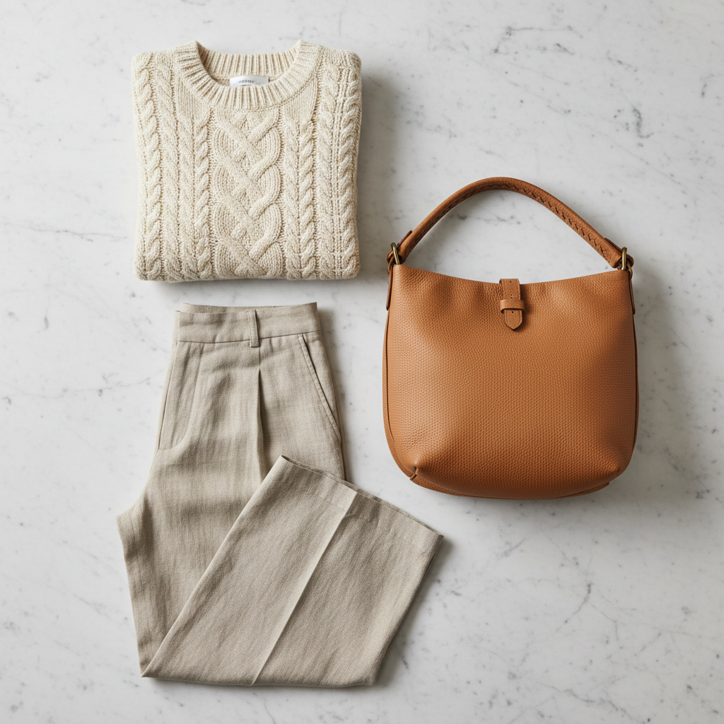 Tan leather crossbody bag on white marble surface, clean product photography, minimal styling