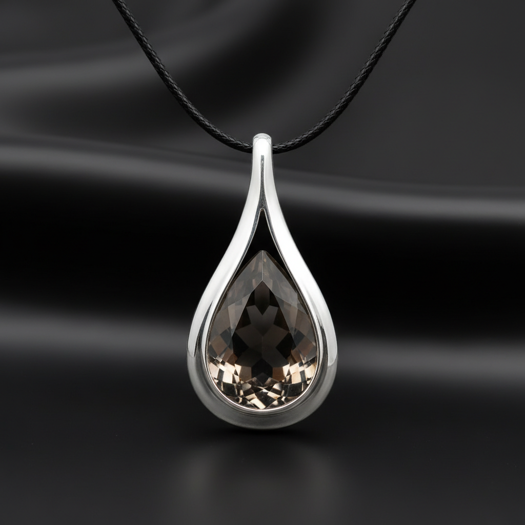 Lacrima teardrop pendant in sterling silver with smoky quartz stone, hanging on black cord