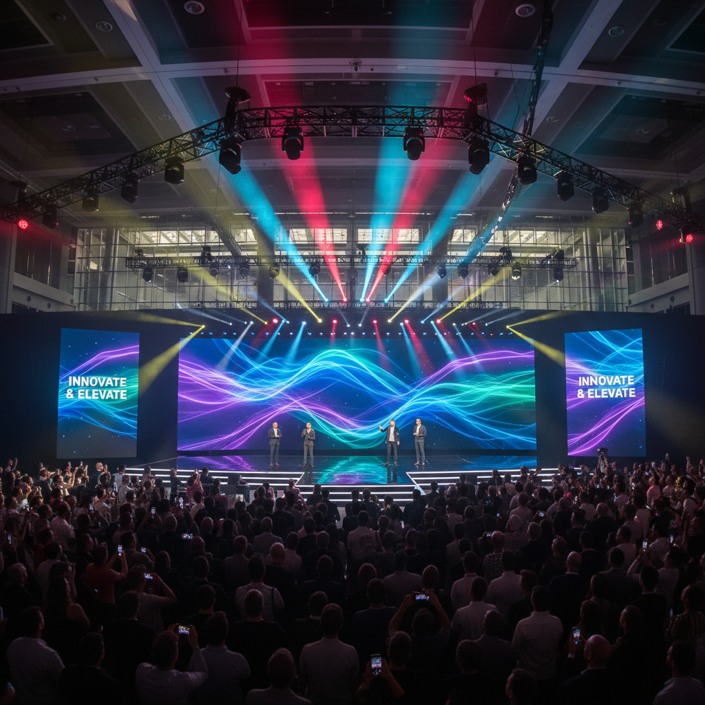 Product launch event with dramatic stage lighting and brand backdrop in a modern conference center