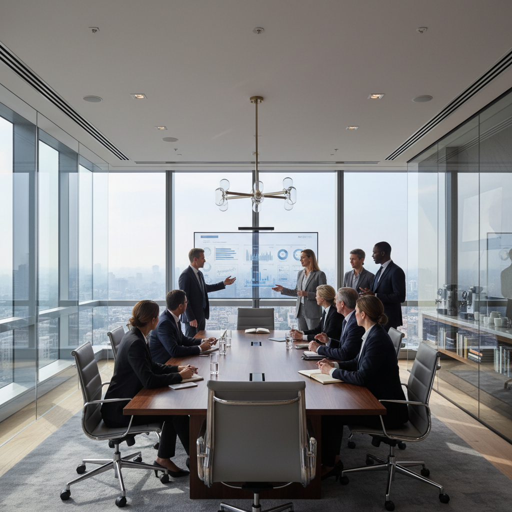 Professional business advisor presenting strategy to clients in a bright modern boardroom, South African skyline visible through window