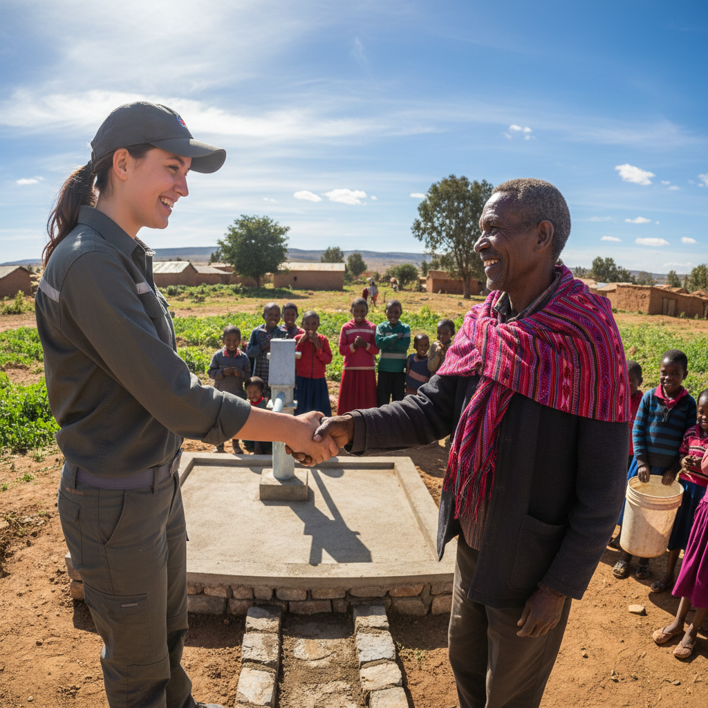 Team member and local elder shaking hands beside a new water well in Uganda