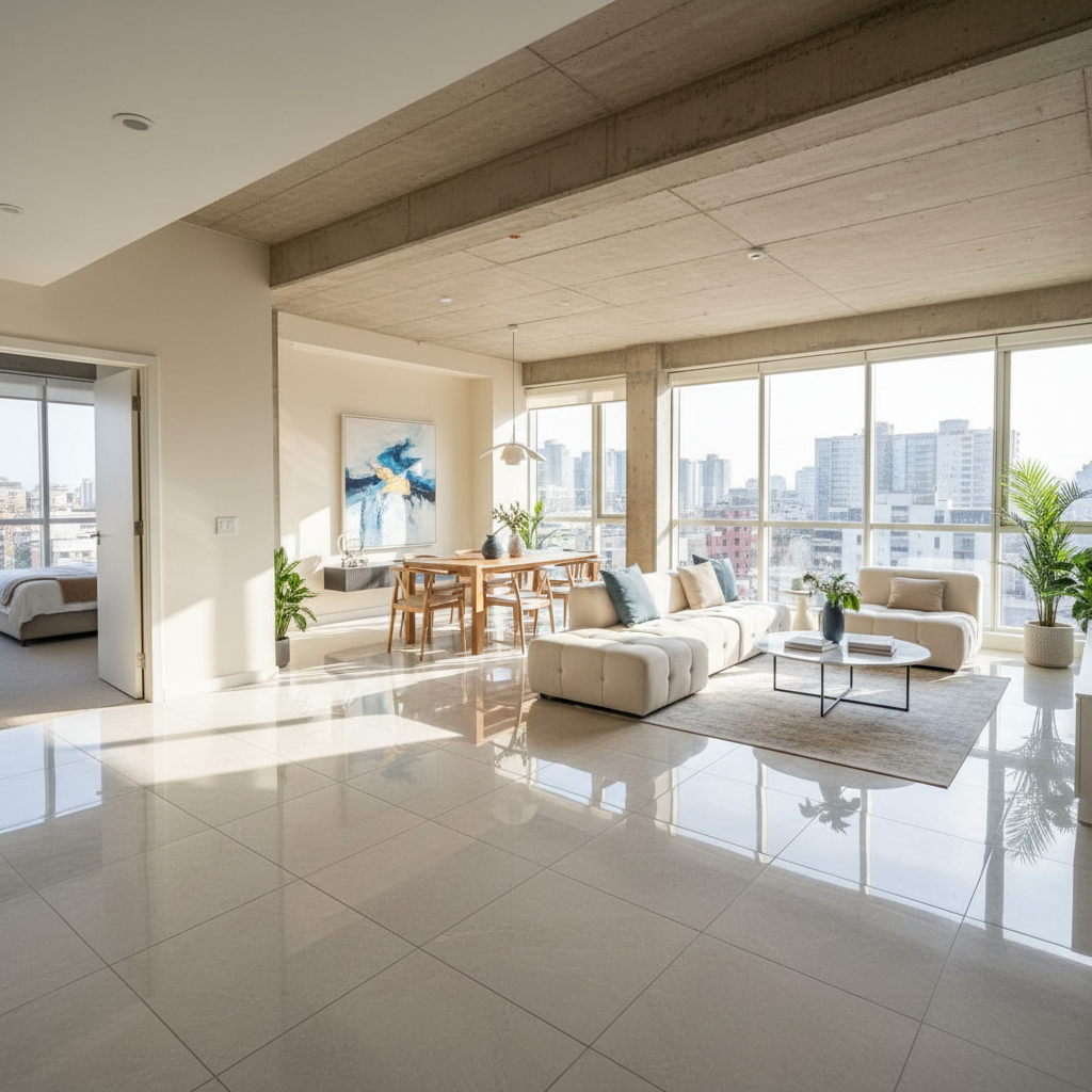 Modern apartment living room with large windows and city view