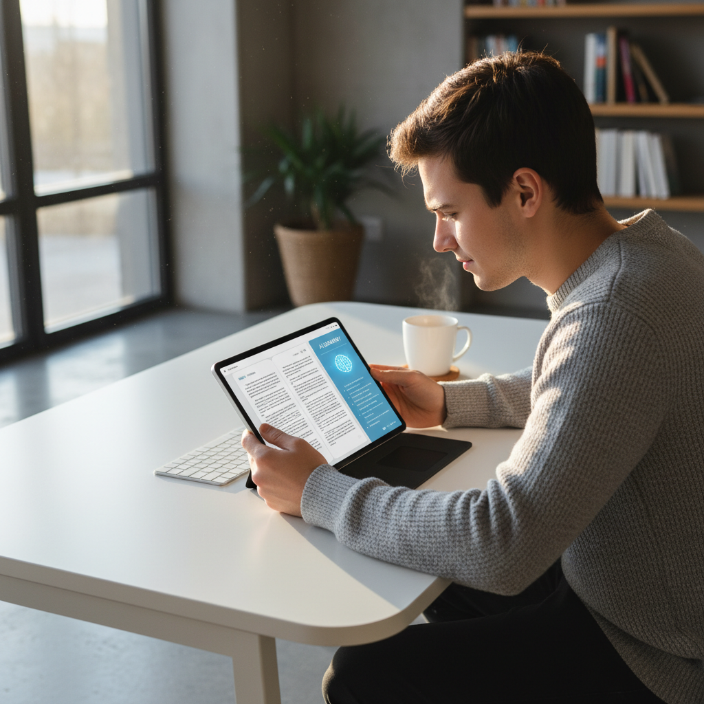 Beginner reading AI guide on tablet with friendly robot illustration