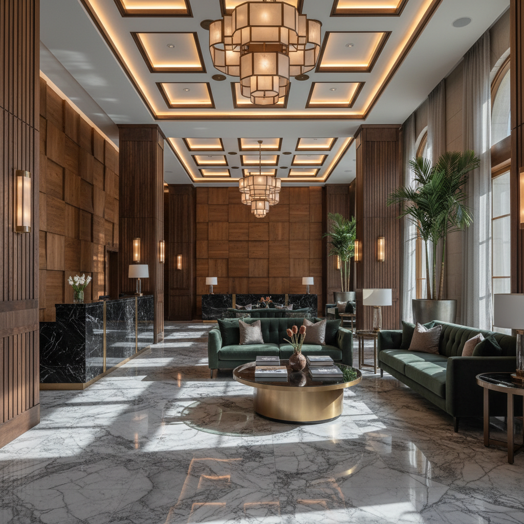Luxury hotel lobby with hand-knotted carpet, marble floors, and dramatic lighting