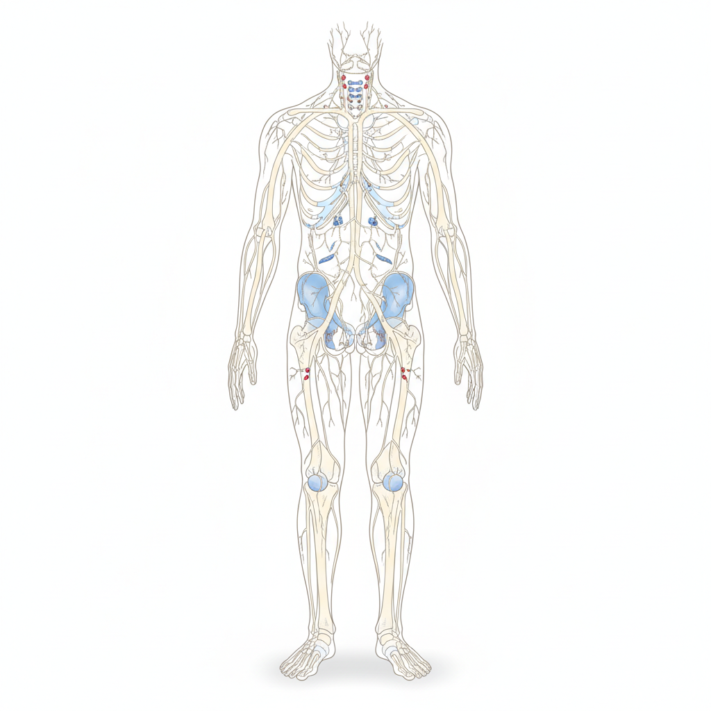 Detailed anatomical illustration of lymphatic vessels and nodes in the human body