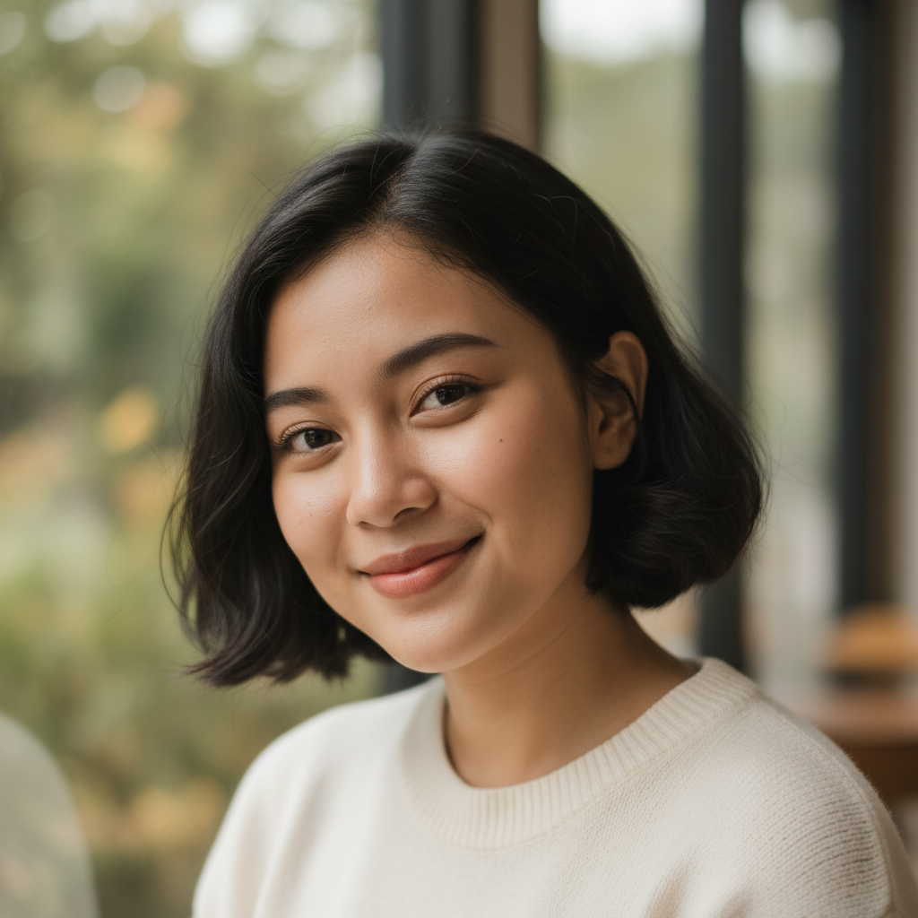 Professional headshot of Indonesian female customer experience manager, friendly smile, bright professional setting