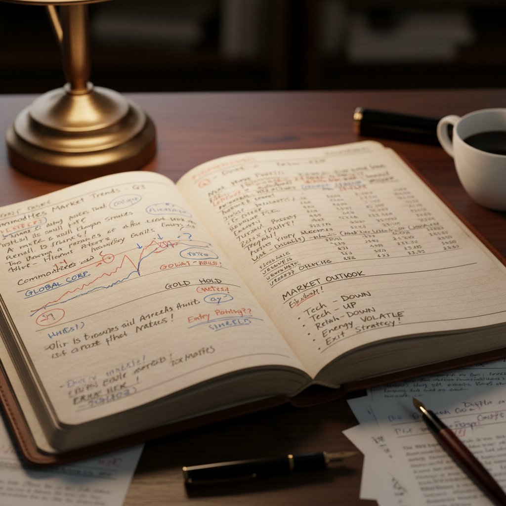 Handwritten trade journal with annotations and market notes