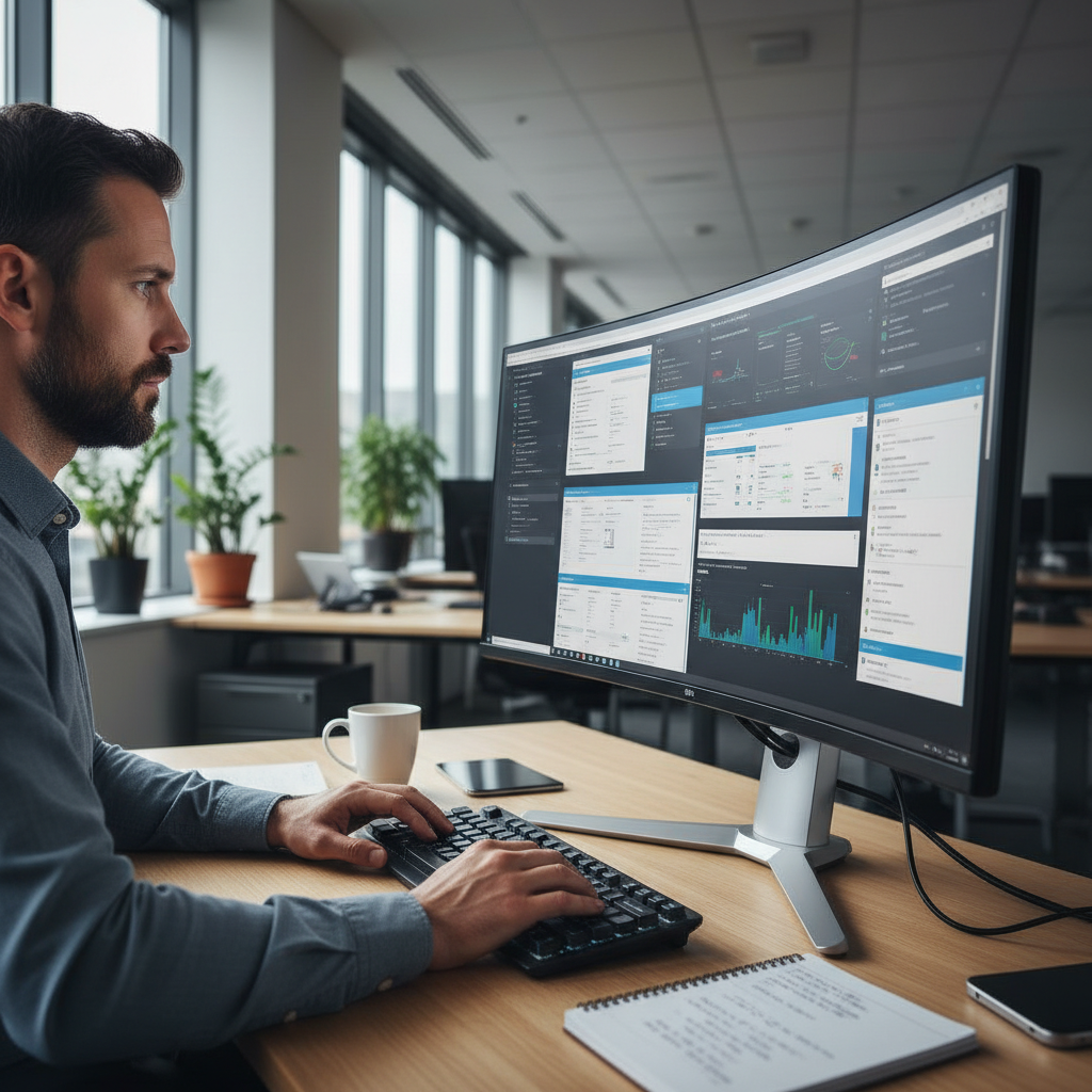Microsoft Azure portal dashboard on bright screen with cloud services in office