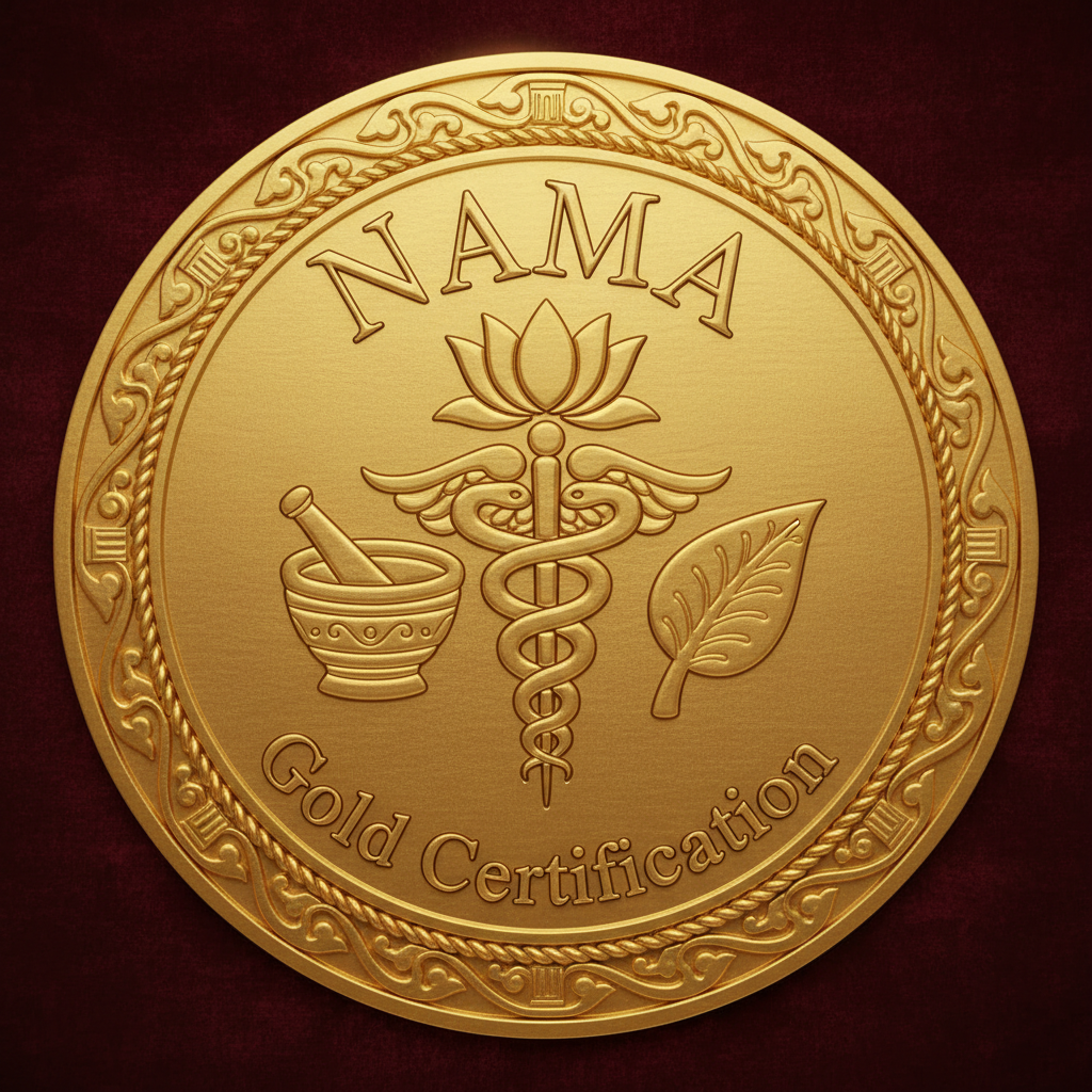 Ayurvedic certification badge with traditional herb symbol