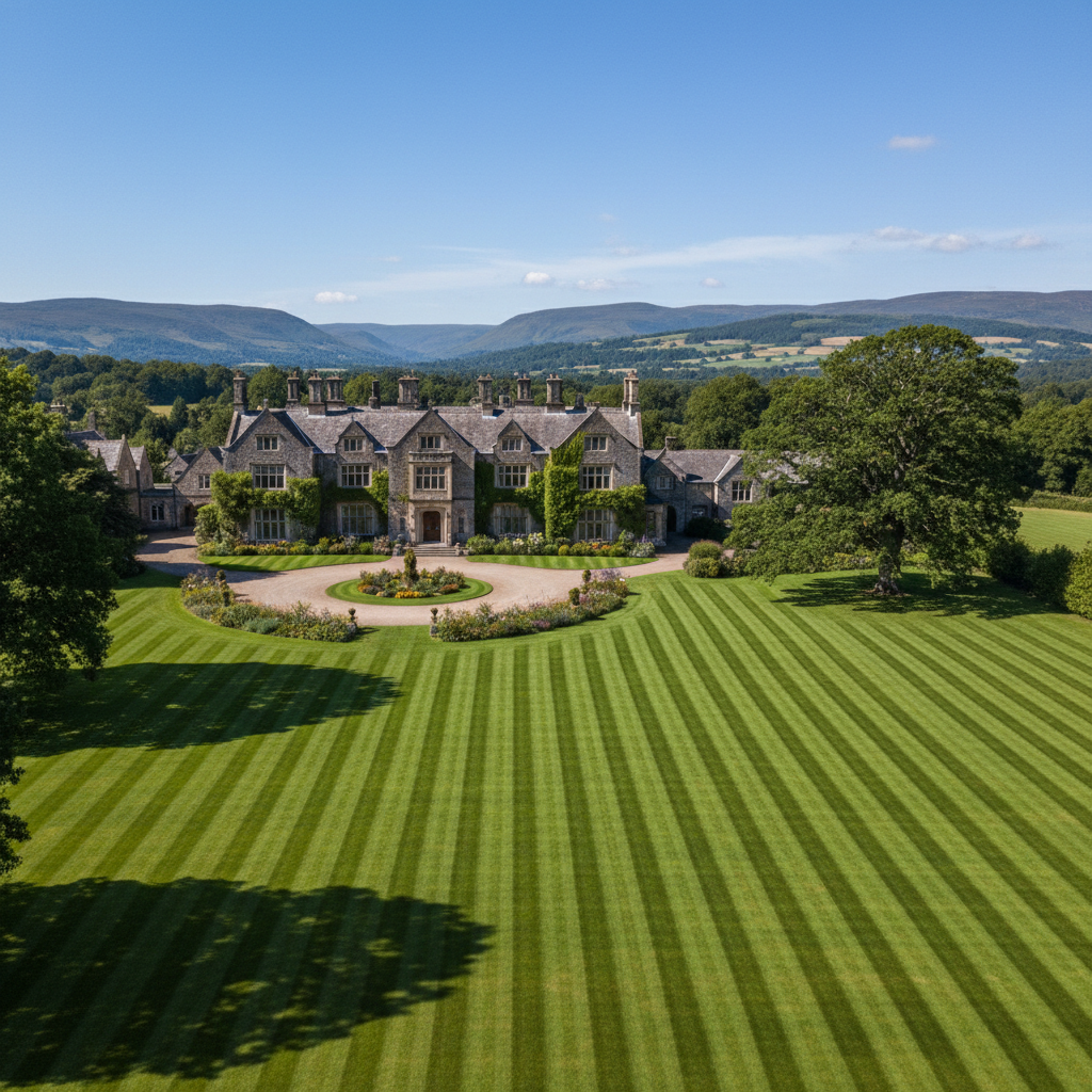 Aerial drone photograph of immaculate striped lawn at a Peak District mansion, perfectly even green turf
