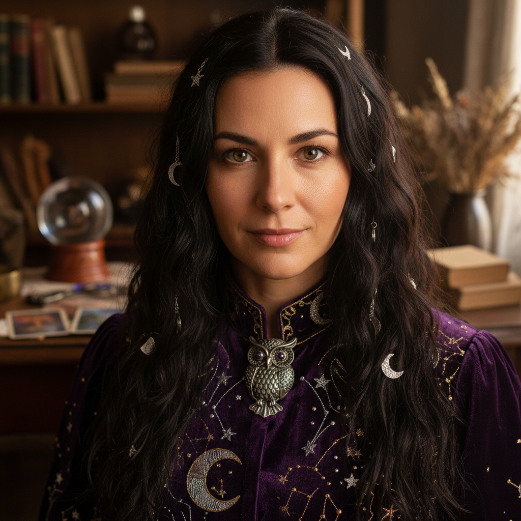 Professional portrait of Neha Agarwwal, a serene woman with long dark hair wearing traditional spiritual attire against a cosmic purple backdrop with golden accents