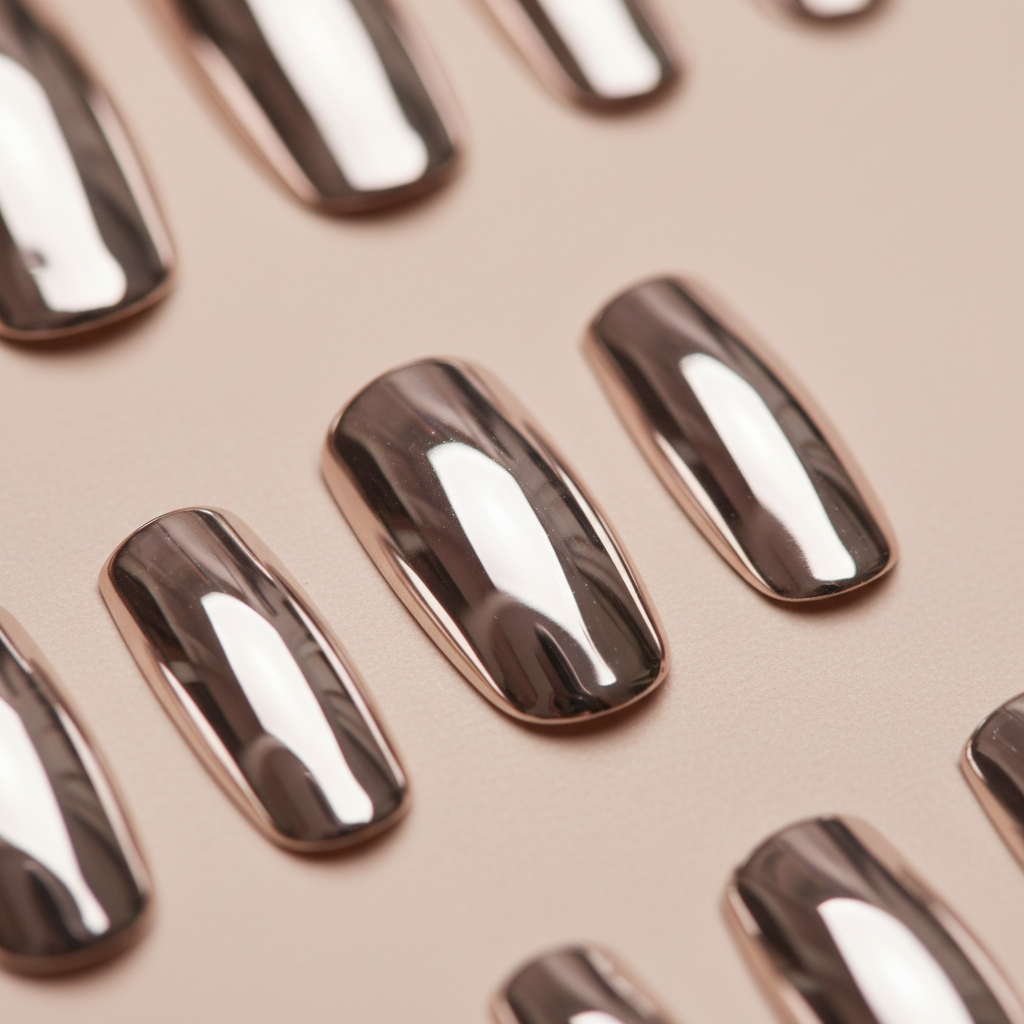 Close-up of elegant nail art with rose gold and nude tones on manicured hands, soft studio lighting, dark warm background